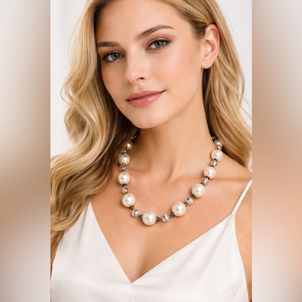 Statement Faux Pearl Crystal Necklace Marcasite Accent Elegant Classic Bridal